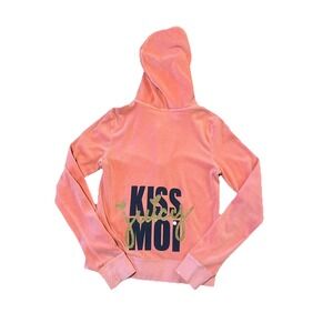 Juicy Couture Velour Track Jacket Sz M Vintage Pink Kiss Moi Graphic Hoodie Y2K